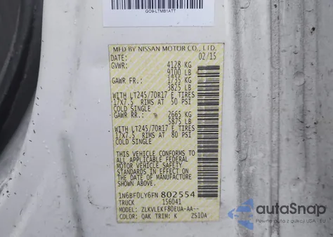 2015 Nissan Nv Cargo Nv2500 Hd Sv V6 z USA, uszkodzony, nr VIN 1N6BF0LY6FN802554